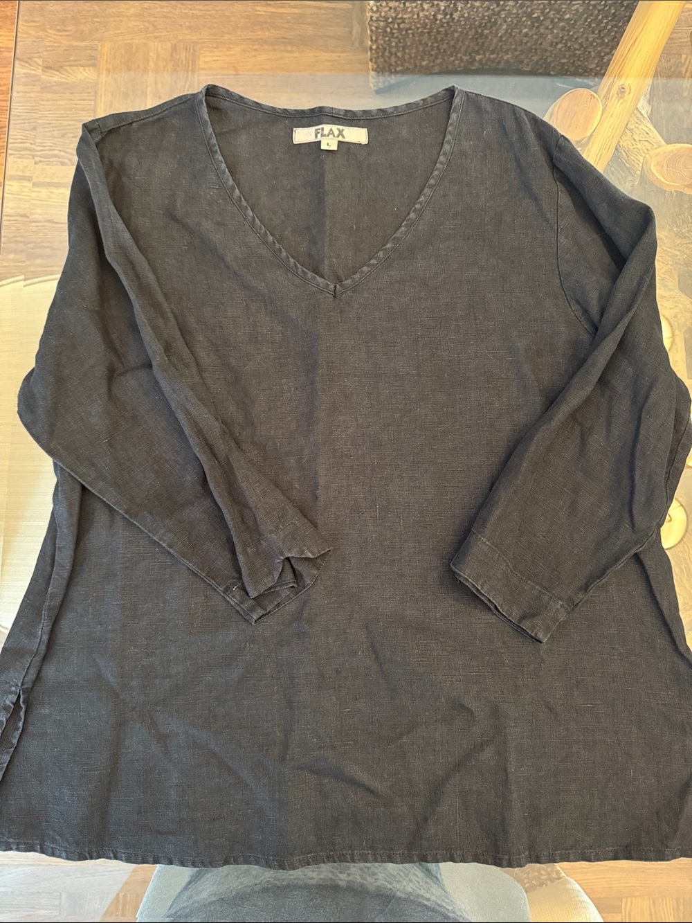 Flax 100% Linen V-Neck Tunic in Charcoal size L